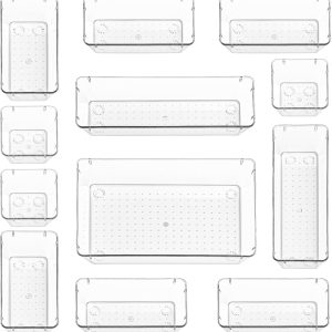 12Pc Clear Drawer Organiser Set – Makeup, Cosmetics & Cutlery Tray