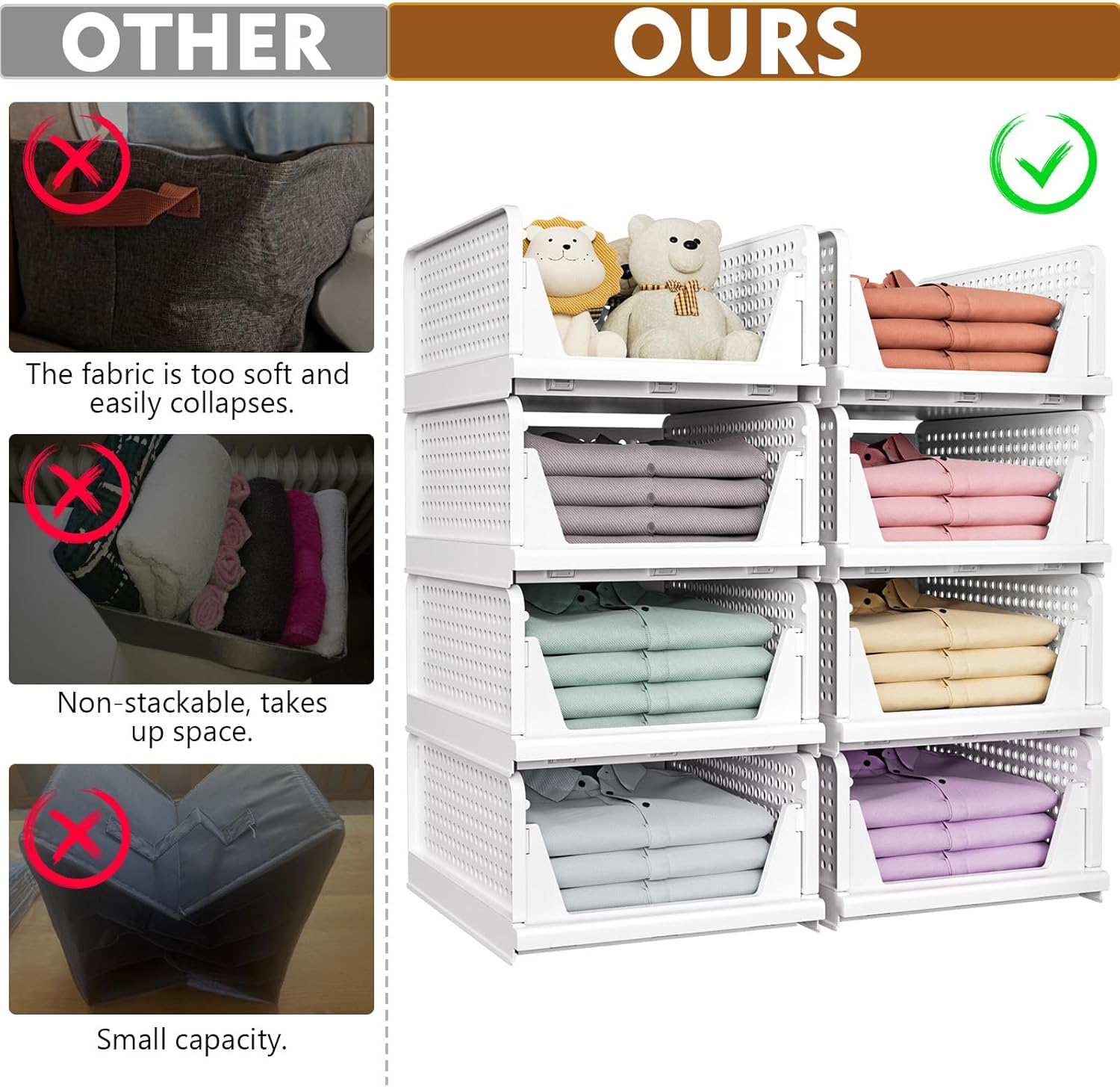 8 Pack Stackable Closet Storage Boxes, Foldable Wardrobe Organizer for Bathroom Kitchen Laundry, Space-Saving Drawer Storage, White - Image 3