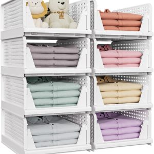 8 Pack Stackable Closet Storage Boxes, Foldable Wardrobe Organizer for Bathroom Kitchen Laundry, Space-Saving Drawer Storage, White