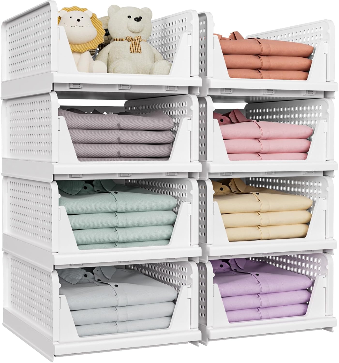 8 Pack Stackable Closet Storage Boxes, Foldable Wardrobe Organizer for Bathroom Kitchen Laundry, Space-Saving Drawer Storage, White