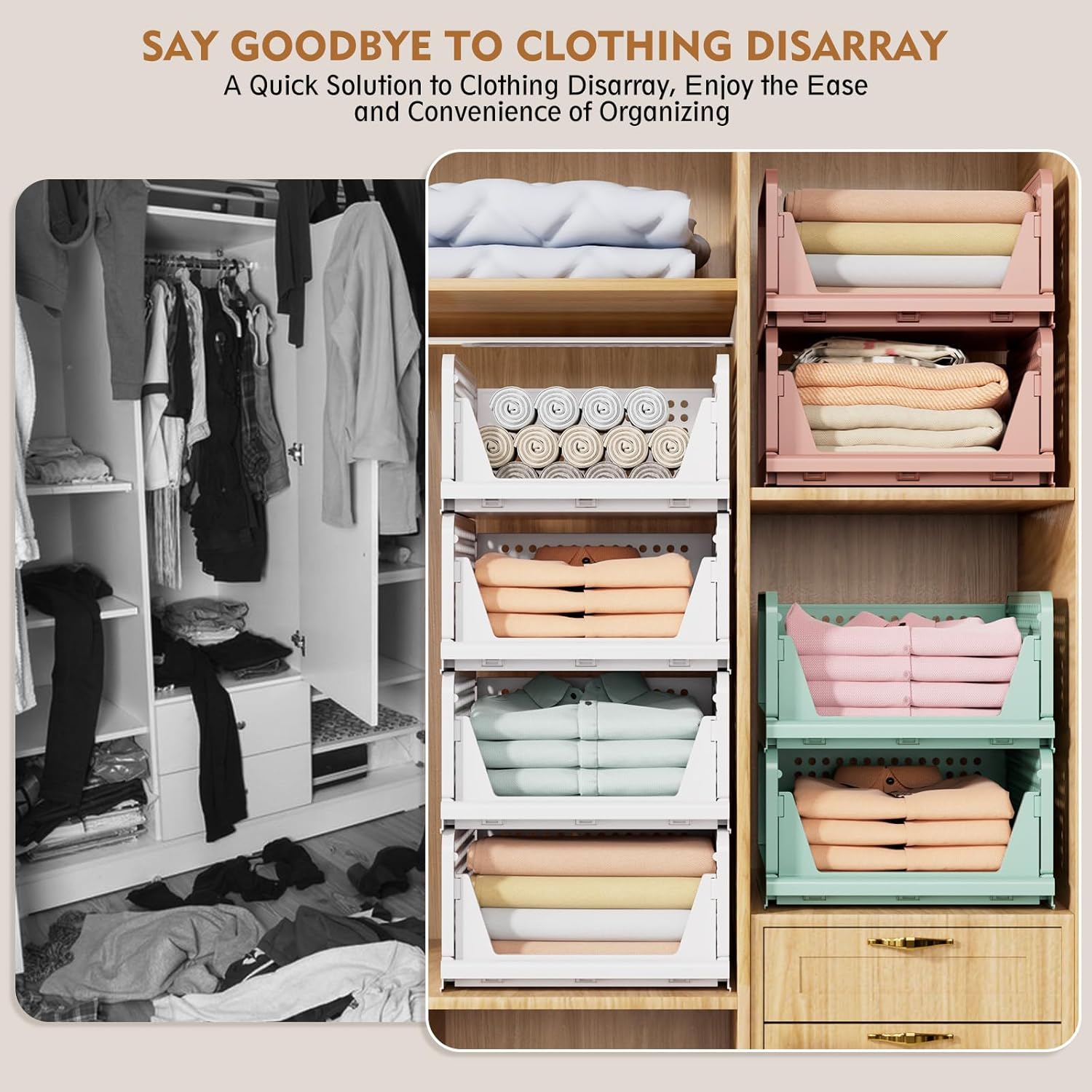 8 Pack Stackable Closet Storage Boxes, Foldable Wardrobe Organizer for Bathroom Kitchen Laundry, Space-Saving Drawer Storage, White - Image 7