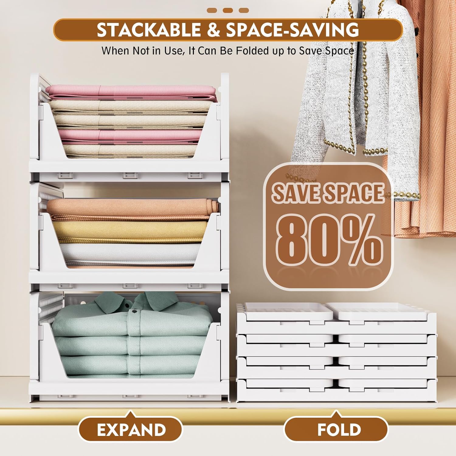 8 Pack Stackable Closet Storage Boxes, Foldable Wardrobe Organizer for Bathroom Kitchen Laundry, Space-Saving Drawer Storage, White - Image 5