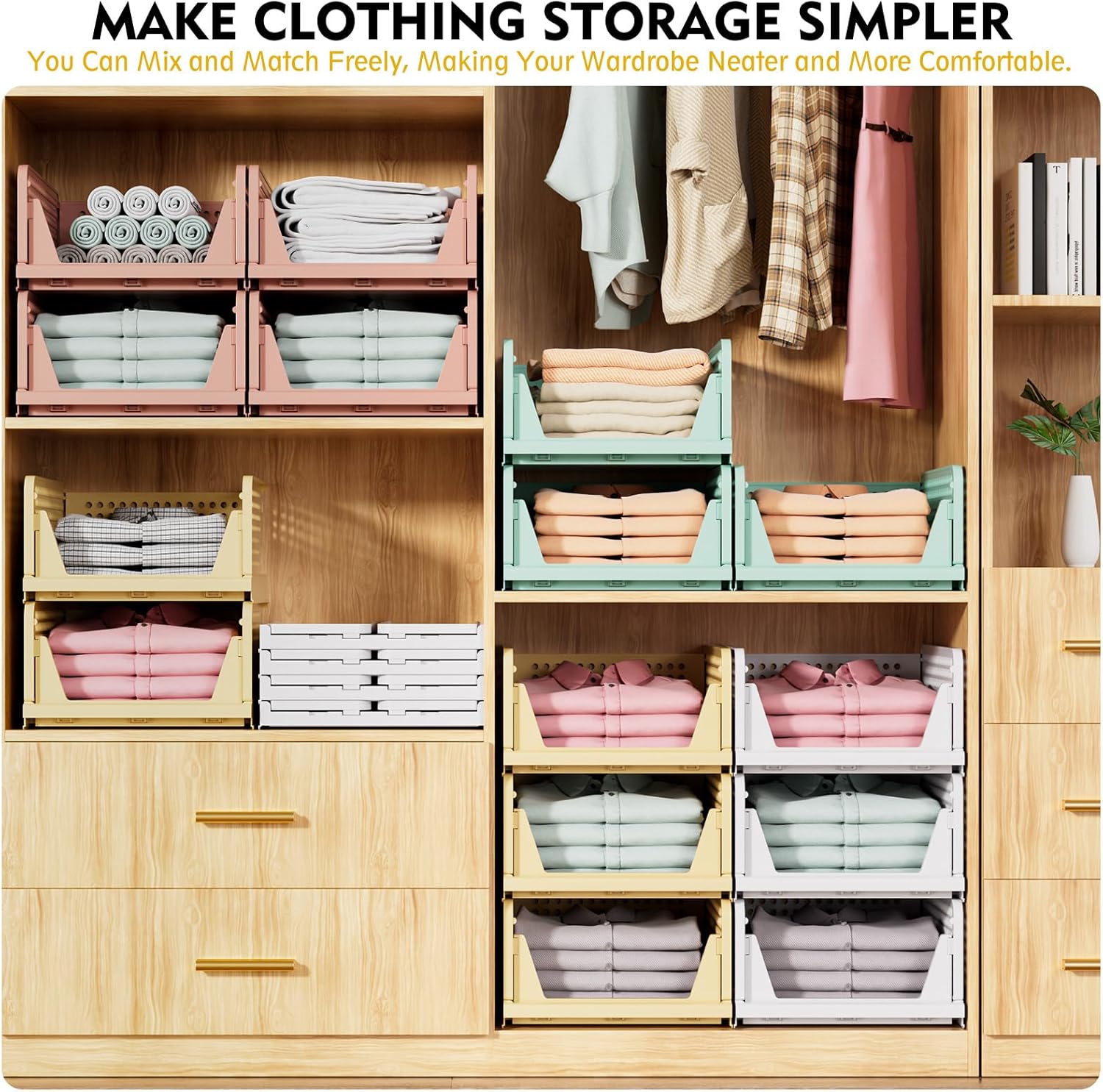 8 Pack Stackable Closet Storage Boxes, Foldable Wardrobe Organizer for Bathroom Kitchen Laundry, Space-Saving Drawer Storage, White - Image 4