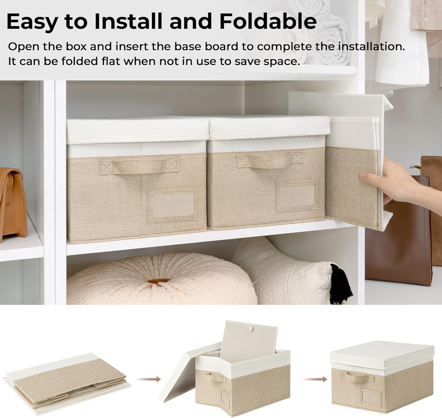 Large Storage Boxes with Lids, Pack of 3, Cloth Organisers for Wardrobe, Shelves, and Bedroom, Foldable - Image 3